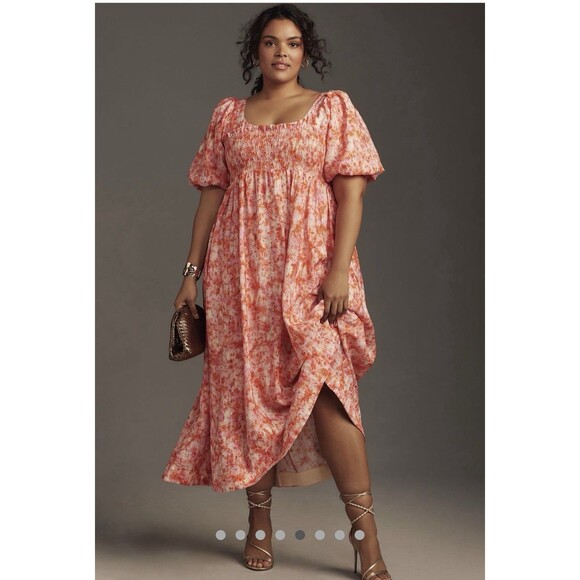 Anthropologie Midi Dress Women Babydoll Orange Floral Puff Sleeve Smock LG NWT - Picture 1 of 9